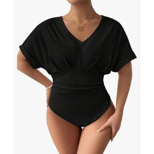 SOLY HUX Women's Plus Size V Neck Tummy Control Bodysuit Short Sleeve Ruched Leopard Tops XXL