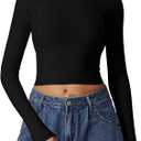 QINSEN Women's Crewneck Long Sleeve Shirts Double Lined Fitted Crop Top Seam Cup Going Out Tops,  M