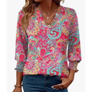 LOMON 3/4 Length Sleeve Womens Tops Summer Loose V-Neck Eyelet T-Shirts Dressy Casual Ruffle Sleeve Tunic Blouses (XL)