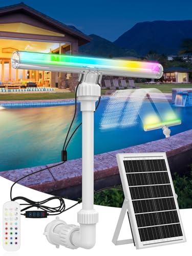 Solar Pool Fountain with 15-Color 10-Mode LED Lights, Above/Inground Pool Fountain Waterfall with Remote & Solar Panel, Adjustable Pool Sprinkler Relaxation & Cooling 10–20°F