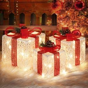 Pink Christmas Decor Light up Gift Boxes with Heart, Light up Xmas Boxes with Battery Operated for Wedding Christmas Valentine's Day Decorations Indoor and Outdoor (3 Pack) 