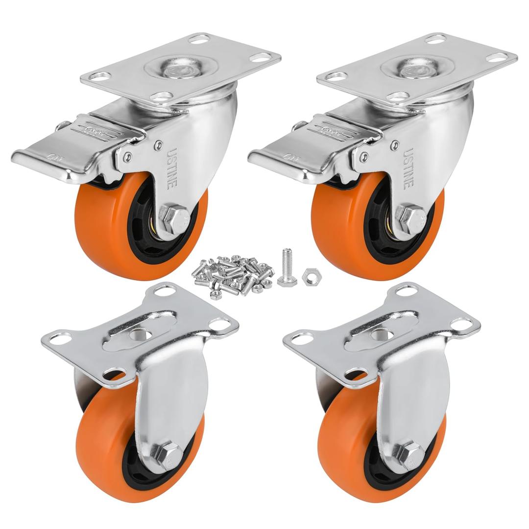 3 Inch Caster Wheels Set of 4 (2 Rigid, 2 Swivel with Brakes), 360 Degree Rotatable, Lockable Plate Caster Wheels with Brakes for Workbench, Cart, Furniture, Load 1800lbs