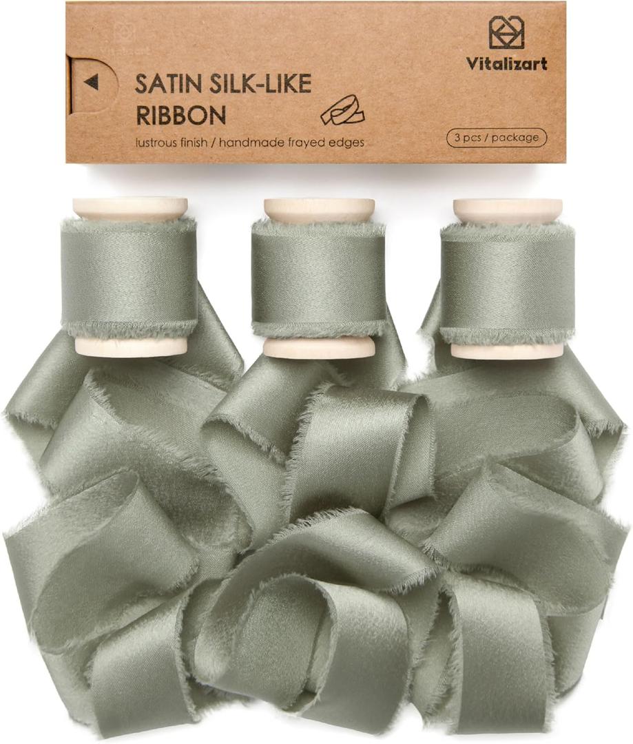 Vitalizart Dusty Sage Green Silk Satin Ribbon 1 Inch x 15 Yard Handmade Frayed Chiffon Ribbon with Wooden Spool for Gift Wrapping, Wedding, Bridal, Flower Bouquets, Home Decor