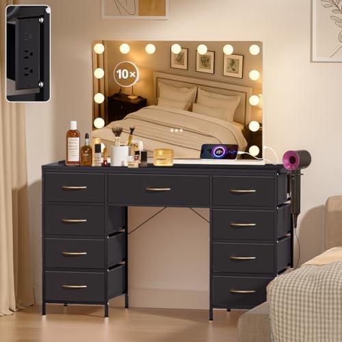 COMHOMA Vanity Desk with Large Mirror,15 LED Bulbs and Power Outlet,Makeup Table with 9 Storage Drawers and HD Mirrors,3 Color Modes Adjustable Lighting for Bedroom Dressing Room (Black, 35inch)