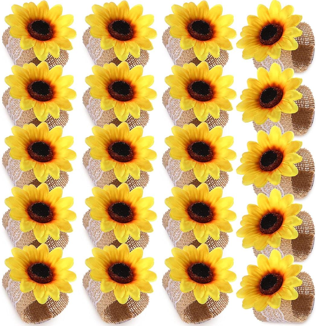 Patelai Sunflower Napkin Ring Holders Farmhouse Spring Napkin Rings for Sunflower Wedding Party Table Decoration(20 Pieces)