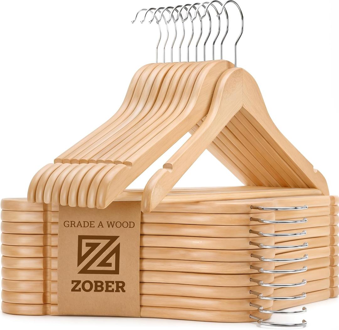ZOBER High-Grade Wooden Hangers - Heavy Duty, Non Slip Wood Hangers for Coats, Jackets, Suits, & Pants - Clothes Hangers for Closet W/Bar and Notches 20 Pack (Natural)