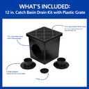 NDS 1200BKITRTL1PK Square Catch Basin Drain Kit with 2-Opening Catch Basin Drain, 2 Adapters, 1 Outlet Plug, and 1 Plastic Drain Grate, 12-Inch, for Lawns, Landscaped Areas, Black