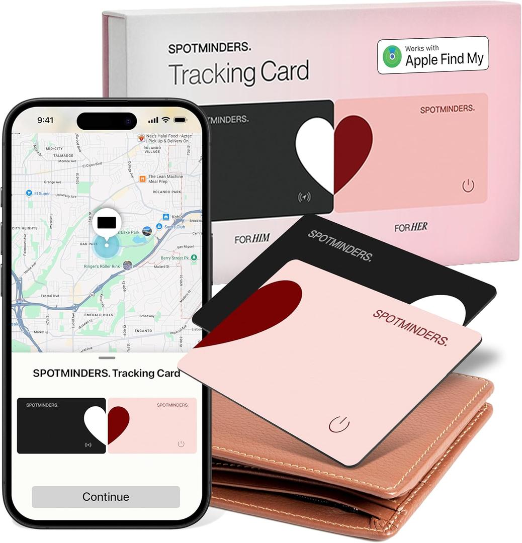 SPOTMINDERS Apple MFi Certified Wallet Tracker Bundle for Couples Black & Pink (iOS Only) Gifts for Women 0.07in Works with Apple Find My Rechargeable Tracking Card Slim Item Finder for Anniversary (Love Duo Set (Pack of 2))