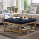 24KF Large Square Upholstered Tufted Linen Ottoman, Large Footrest Ottoman with Solid Wood Shelf- Navy Blue (33.5"D x 33.5"W x 18"H)