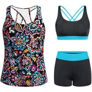 Tempt Me 3 Piece Tankini Swimsuits for Women Athletic Bathing Suits Swim Tank Top with Boy Shorts and Bra Modest Swimwear XL