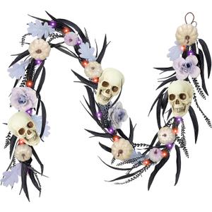 DecorbyHannah Gothic Christmas Decor with Lights, 6 ft Artificial Gothic Christmas Decorations with Skull Rose Pumpkin for Mantle Table Fireplace Backdrop Wall Outdoor Home Party Decor