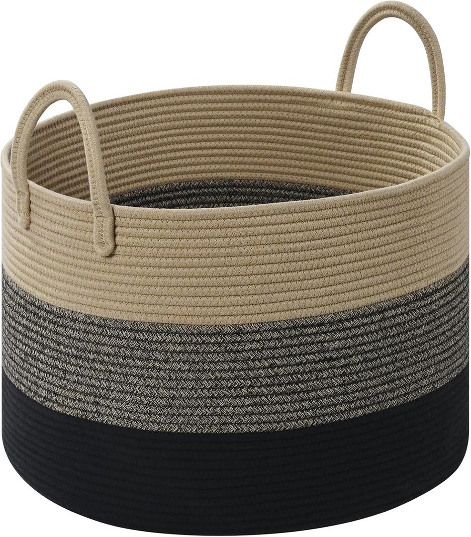 Blanket Basket Living Room, 67L Large Round Storage Basket, Cotton Rope Laundry Baskets & Toy Storage Organizer for Nursery, Bedroom, 20"13", Black & Brown
