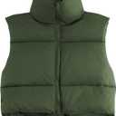 Century Star Cropped Puffer Vest Women's Outerwear Vests Puffy Sleeveless 2024 Quilted Christmas Vest Tops Jackets Coat Zip (Medium, Olive Green)