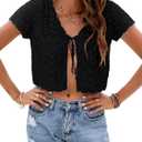 Women's Summer Short Sleeve Crochet Shrug Tie Front Open Knit Cropped Cardigan Lightweight Bolero Sweater Cover Up (Medium, Black)