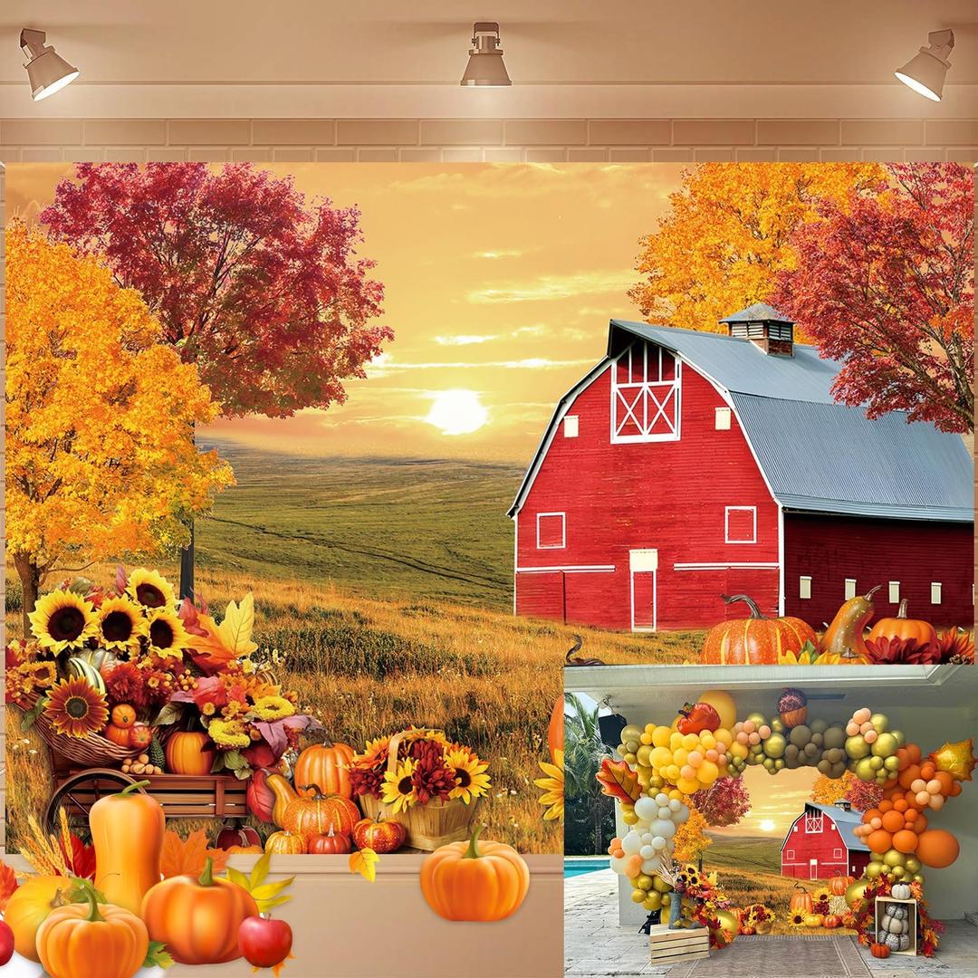 Fall Red Farm Backdrop for Photography Autumn Pumpkin Maple Leaves Sunflower Background Fall Thanksgiving Baby Shower Birthday Party Banner Photo Booth Props (7x5FT210x150cm)