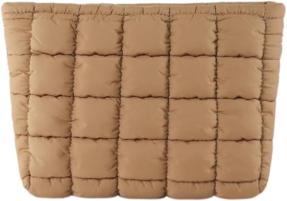 Puffy Quilted Makeup Bag Cosmetic Bags Travel Cute Puffer Solid Toiletry Organizer Pouch Storage Clutch for Women, Brown