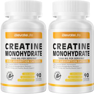 ElevateLife Creatine Monohydrate 2500mg, 180 Capsules - Gluten Free, Non-GMO (90 Count (Pack of 2)),  EXP 07/2026