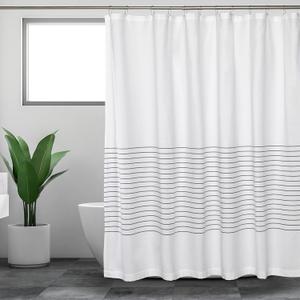 Sticky Toffee Fabric Shower Curtain, 72 x 72 Inch, White and Gray Woven Striped Bathroom Curtain, Farmhouse Boho Style
