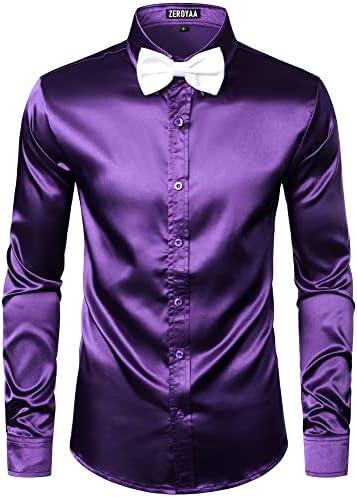 ZEROYAA Men's Luxury Shiny Silk Like Satin Button Up Dress Shirts XXL