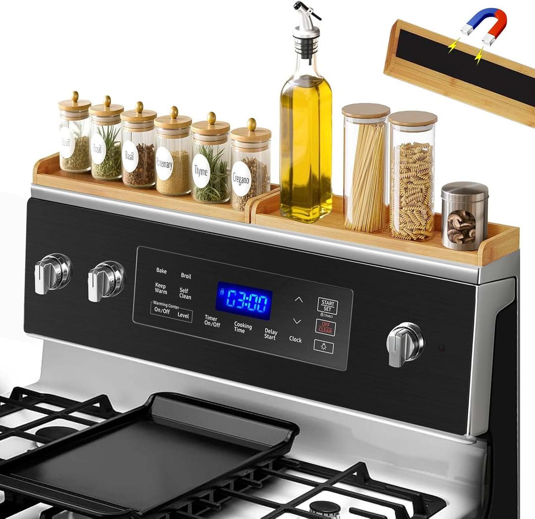 30" Magnetic Stove Top Shelf,Over Stove Shelf,Wooden Over Oven Shelf,Heat-Resistant Stove Shelf for Back of Stove, Space-Saving Kitchen Storage (Wood Color, 1 Layer 2pcs)
