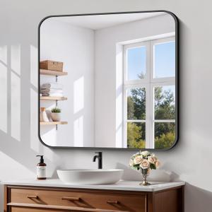 Koonmi Black Framed Bathroom Mirror - 36x36 Inch Shatterproof Tempered Glass Vanity Mirror for Bathroom Sink, Wall Mounted with Matte Aluminum Alloy Frame, No Distortion, Modern Decor (Round-Edged)