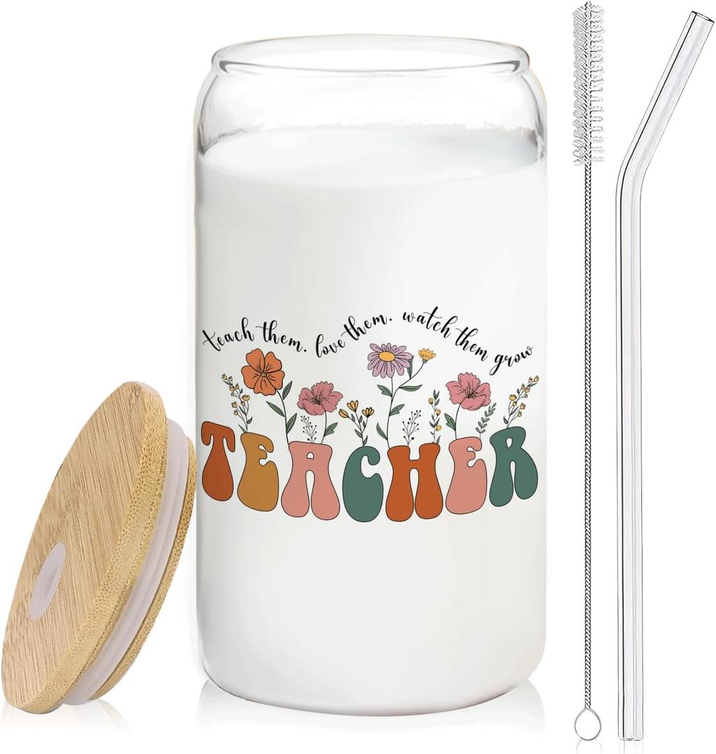2 x Teacher Glass Cup with Lids and Straws 14oz, Back to School Teacher Gifts, Teachers Appreciation Gift for Women Glass Iced Coffee Tumbler Drinking Jars with Cleaning Brush