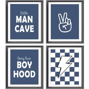Little Man Cave Retro Preppy Checkered Lightning Peace Sign Long Live Boyhood Poster Prints for Boy Teen Room Dorm Decor, Preppy Decorations Prints Wall Art Unframed 4pcs 8x10inches,Teen Boys Gifts (dark blue)