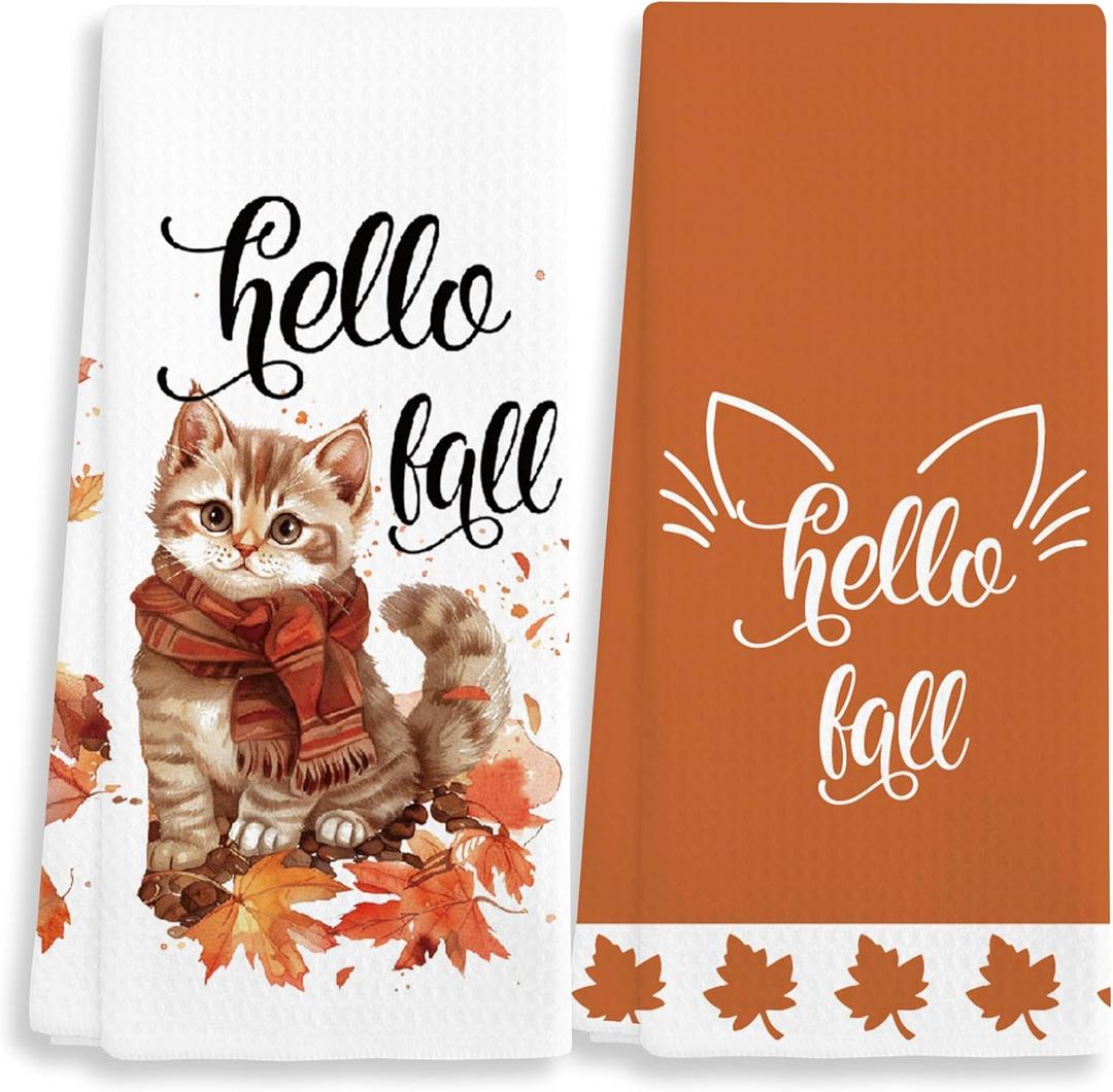 Fall Kitchen Towels Set of 2 - Cat & Hello Fall Script Decorative Hand Towels - 16"x24" Dish Towel for Farmhouse Kitchen, Bathroom, Seasonal Home Dcor.