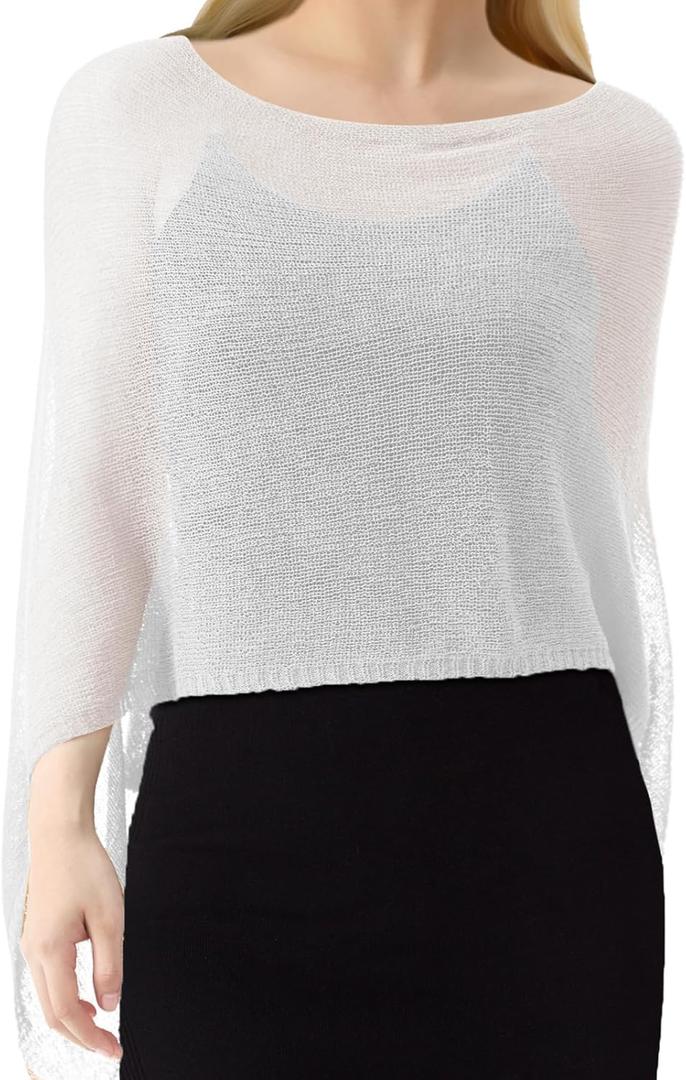 1 Pcs Women Sheer Poncho Shrug Summer Sheer Blouse Top Lightweight Poncho Sheer Bolero for Formal Evening Dress (White, One Size)