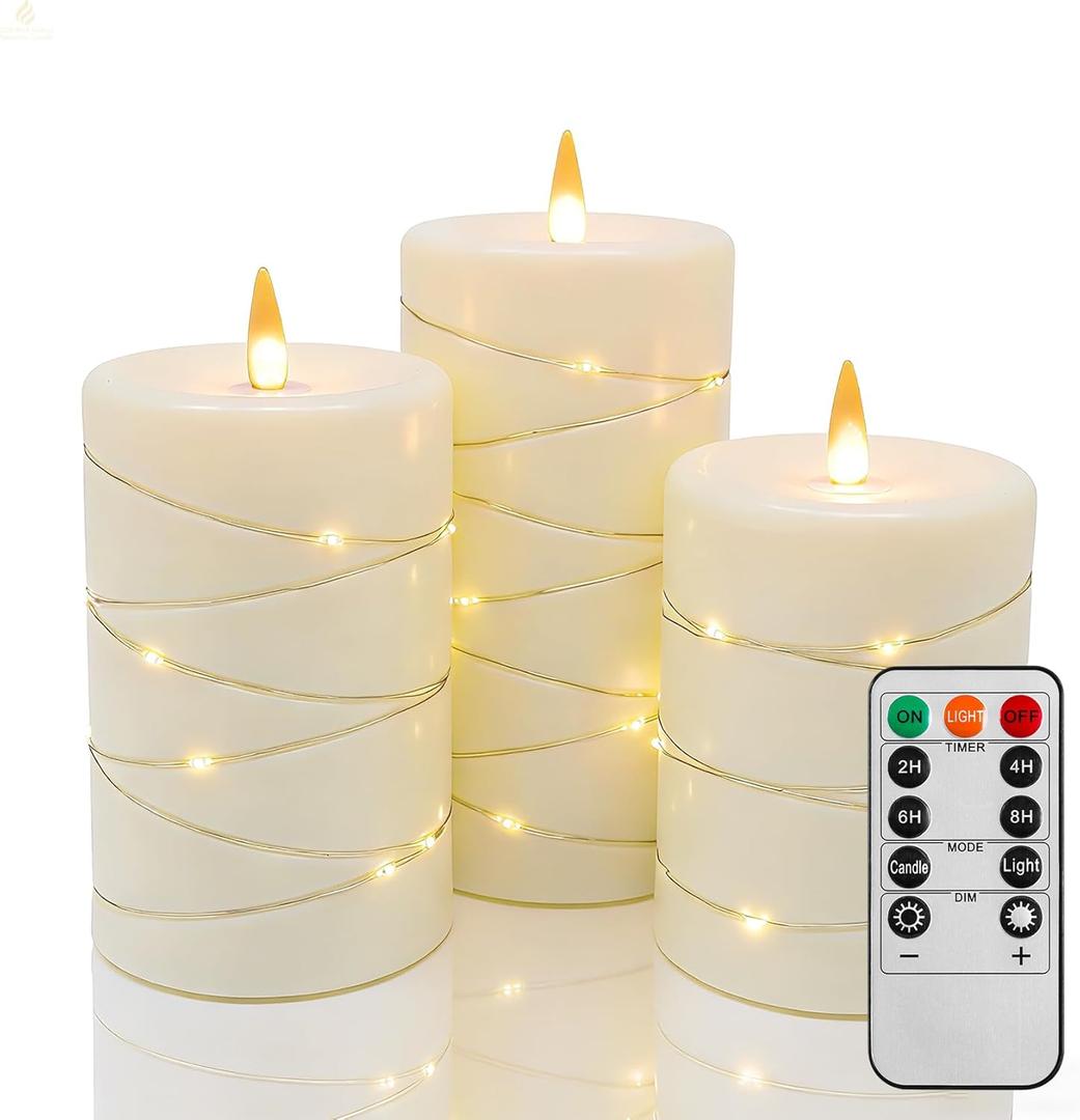Flameless Flickering Candles, Built-in String Lights, Battery Powered, 2/4/6/8 Hour Remote Control Timer Function, 3-piece Set (Width 3 inches x Height 4 inches/5 inches/6 inches) (Ivory)