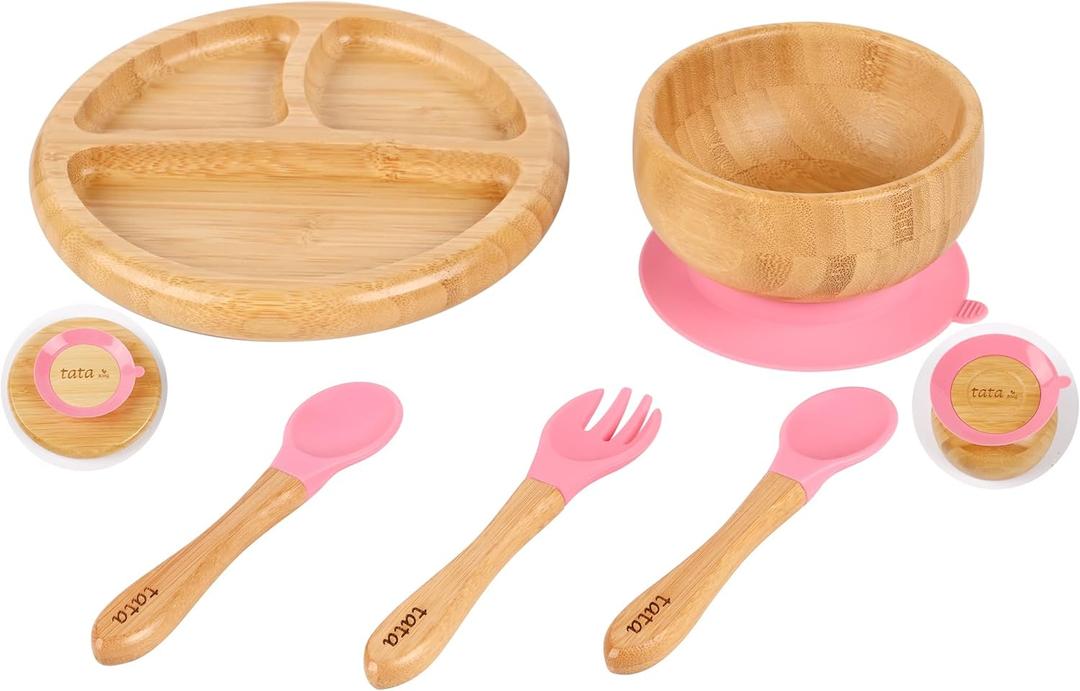 TATA AMG Bamboo Suction Plate & Bowl with Fork and 2 Spoons | Divided Wooden Feeding Dish for Toddlers | BPA-Free Baby Led Weaning (BLW) Utensil Set (Pink)