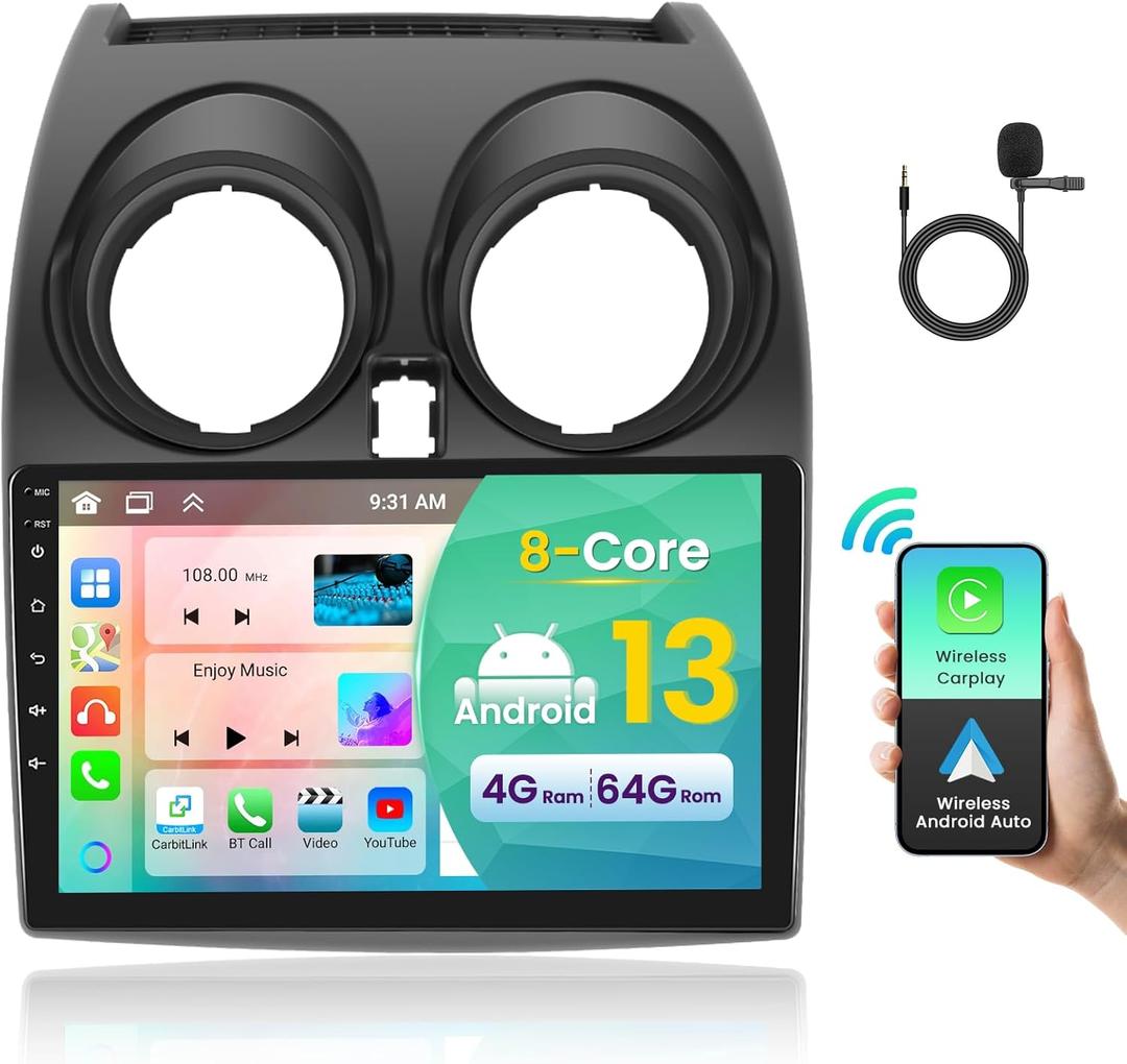 8 Core 4+64G Inefala for Rogue Sport Qashqai 2008-2013 Android 15 Car Stereo with Wireless Carplay Android Auto, 9 Inch HD Touchscreen with GPS WiFi Bluetooth FM/RDS Radio EQ/DSP SWC Backup Camera MIC