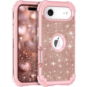 LONTECT for iPhone Air Case Glitter Sparkly Bling 3 in 1 Shockproof Heavy Duty Hybrid Sturdy High Impact Protective Cover Case for Apple iPhone 17 Air 6.5 inch 2025,Rose Gold