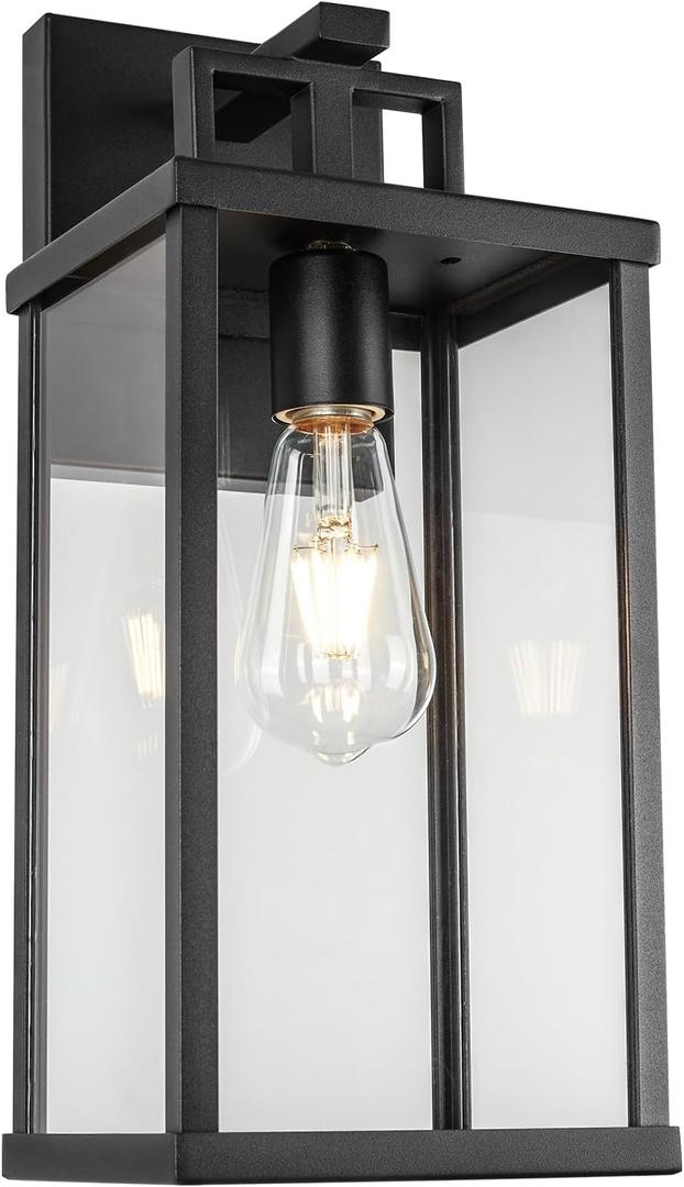 16 Inch Outdoor Wall Lantern, 1-Light Large Exterior Modern Wall Sconce Light Fixtures, Black Porch Light Wall Mount with Clear Glass, Waterproof Outside Wall Lighting for Patio Doorway
