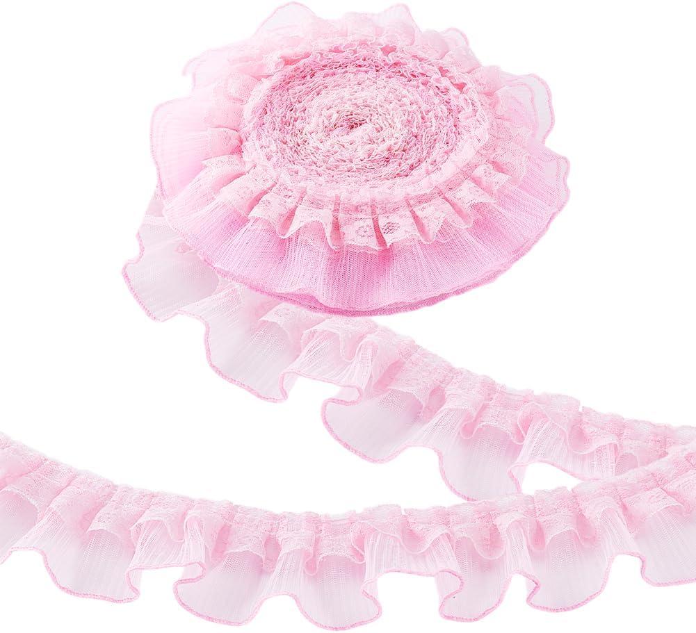 PH PandaHall 10 Yards Pink Ruffle Lace Ribbon Trim Pleated Lace Fabric Trim, Double Layer Gathered Ruffle Trim Embroidered Sewing for Crafts Costume Pillowcase Embellishments, 2.4inch Wide