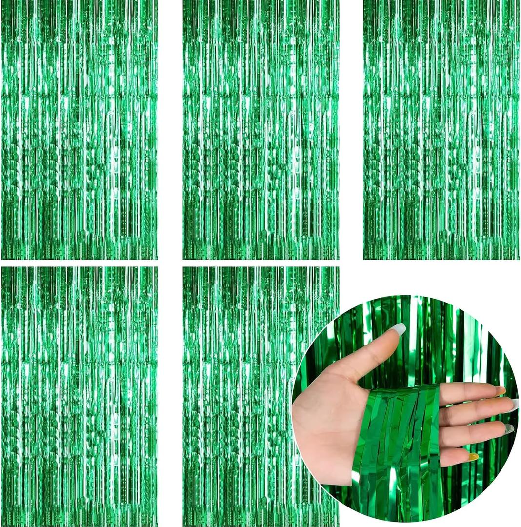 Green Streamers Green Birthday Decorations - Foil Fringe Curtain Backdrop for Dinosaur Birthday Decorations Jungle Party Decorations-5 Packs