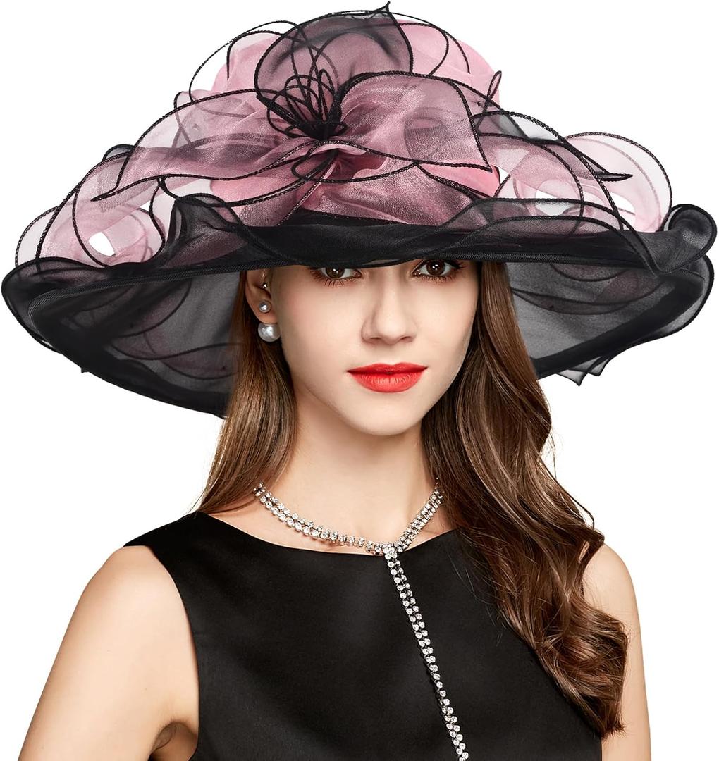 2026 Derby Hats for Women Ladies, Classy Organza Sun Hat, Church Tea Party Wedding Kentucky Fascinator Hat (Black)