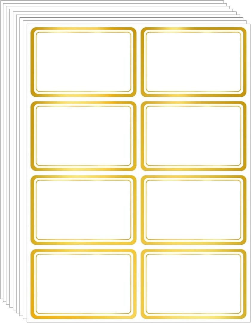 2" x 3" 200 PCS Name Labels, Waterproof Blank Name Tag Stickers with Permanent Adhesive Writable Stickers with Metallic Gold Border for School Office Home