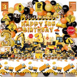 Mpanwen Construction 3rd Party Decorations, 127Pcs Truck Construction 3rd Birthday Party Supplies for 3 Years Old Baby Boys - Backdrop, Wall Signs, Banner, Tablecloth, Hat, Poster, Paper Glasses