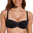 Deyllo Women's Balconette Push Up Bra Sexy Lace Lightly Padded Bra Underwire Demi Bras (32C, Jet-black)