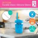 Elk and Friends Kids + Toddler Glass Cups | The Original 8oz Glass Mason Jar with Sleeves + Lids | Silicone Straws + Stopper | Smoothie Cup | Food Storage | Spill Resistant | Dishwasher Safe | 4 Pack