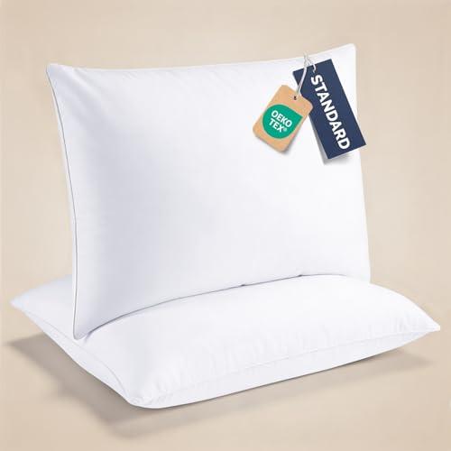 Standard Size Pillows Set of 2 - Soft, Fluffy, Cozy Down Alternative Bed Pillows for Back & Stomach Sleepers - Low Density, Low Loft Support - Machine Washable - OEKO-TEX Certified - 20" x 26" - White