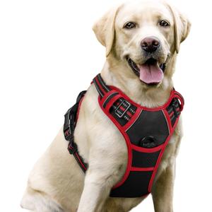 rabbitgoo Dog Harness No Pull with 2 Leash Clips, Adjustable Soft Padded, Reflective Oxford No Choke Pet Vest with Easy Control Handle for Large Dogs, Black & Red, L