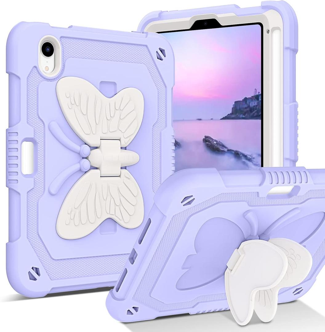 DUEDUE Case for iPad mini 7 (A17 Pro) 2024,iPad mini 6 Case 2021, Butterfly Wings Kickstand with Pencil Holder Shockproof Protective Tablet Case for iPad mini 7th/6th Gen Kids, Beige/Purple
