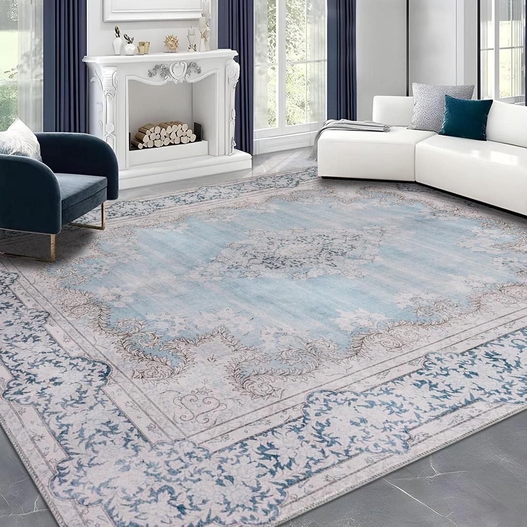 DECOMALL Maila Washable Rug, Traditional Oriental Rug,Vintage Distressed Large Carpet for Living Room Bedroom, 9x12ft Blue