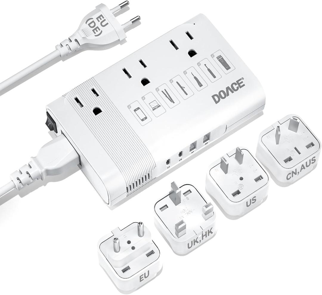DOACE 220V to 110V Converter for European Travel - 350W Voltage Converter US to Europe with 4 QC+PD Chargers for Using U.S. Devices Abroad - Hair Straightener Shaver Toothbrush Laptop Camera Phone (White)
