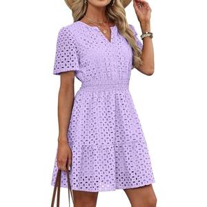 RUMIA Womens Dresses 2026 Summer V Neck Eyelet Lace A Line Short Dress, M