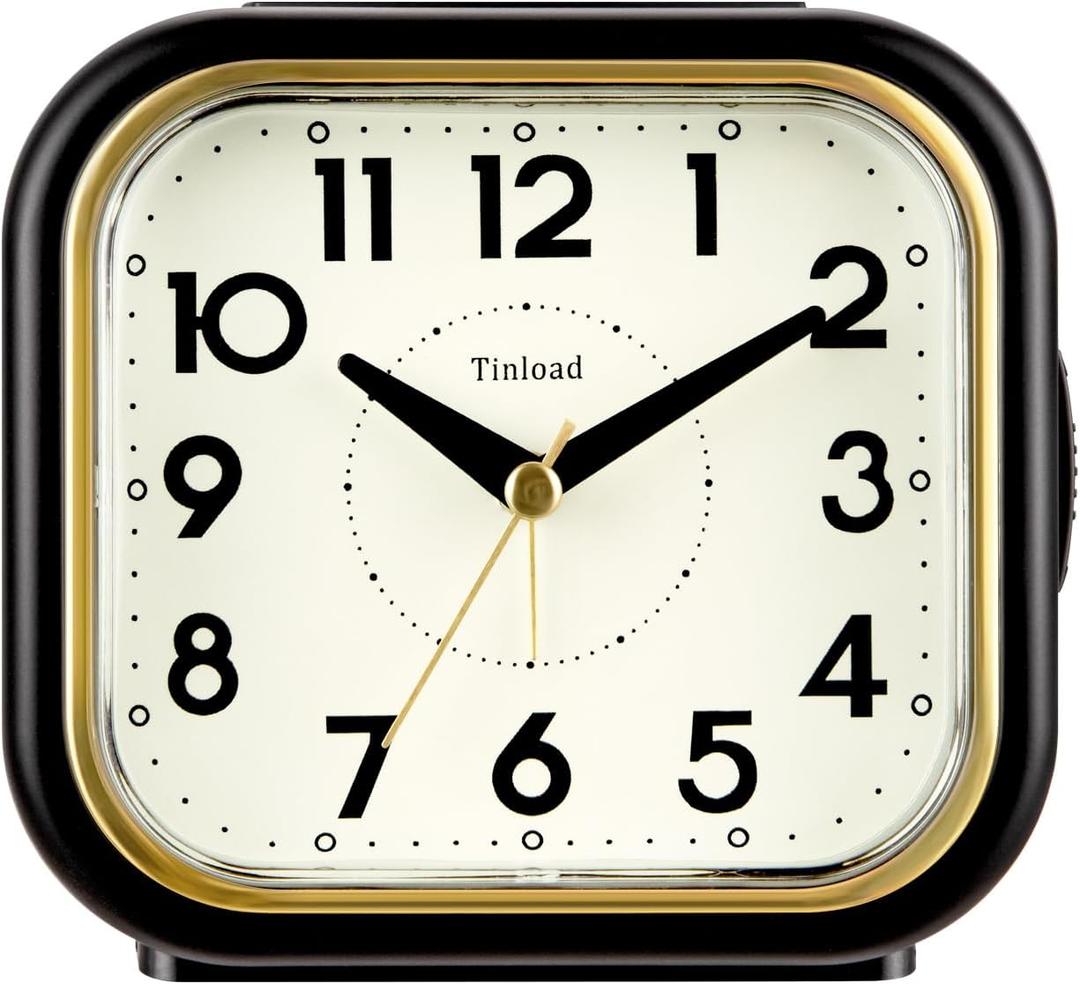 Tinload 4.3" Vintage Retro Analog Alarm Clock, Super Silent Non Ticking Clock with Manual Light, Snooze, Battery Operated, Simply Design, for Living Room, Bedroom, Bedside, Desk(Black-V2)