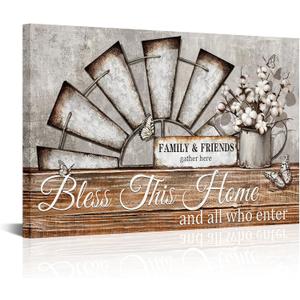 Visual Art Decor Farmhouse Windmill Wall Decor Bless This Home Sign Rustic Farm Style Room Decor Framed 16x24inch Kitchen Bedroom Living Room Decor (Brown)