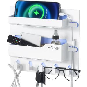 Bedside Shelf Wall Mount, Adhesive Bedside Shelf Accessories Organizer with Hooks and Cable Clips, Dorm Bedside Wall Storage for Phone, Remote, Earphone, Kindle, Plastic (5 Hooks Style)